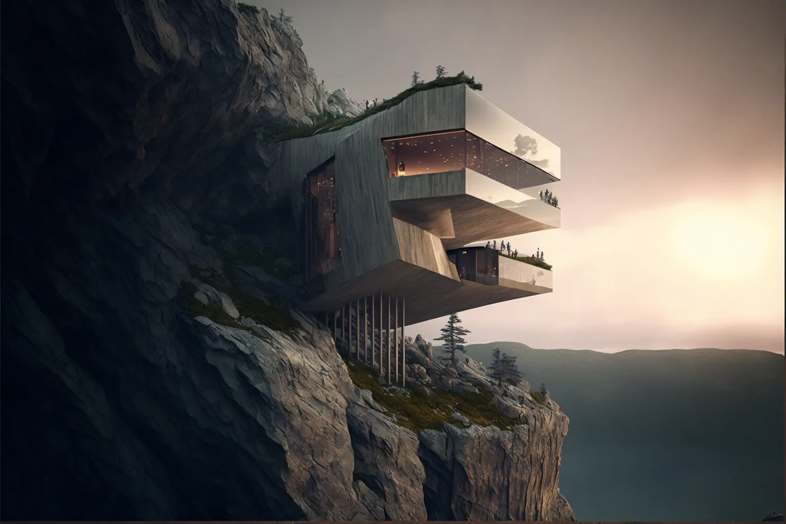 resort embed into a cliff designed by Kengo Kuma, architectural photography, style of archillect, futurism, modernist architecture 